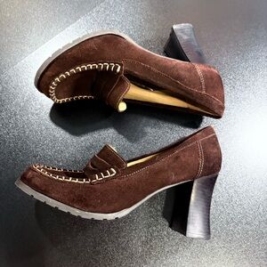 Vintage Suede 90s Y2K Chunky Platform Penny Loafers brown‎ flared heel size 8.5